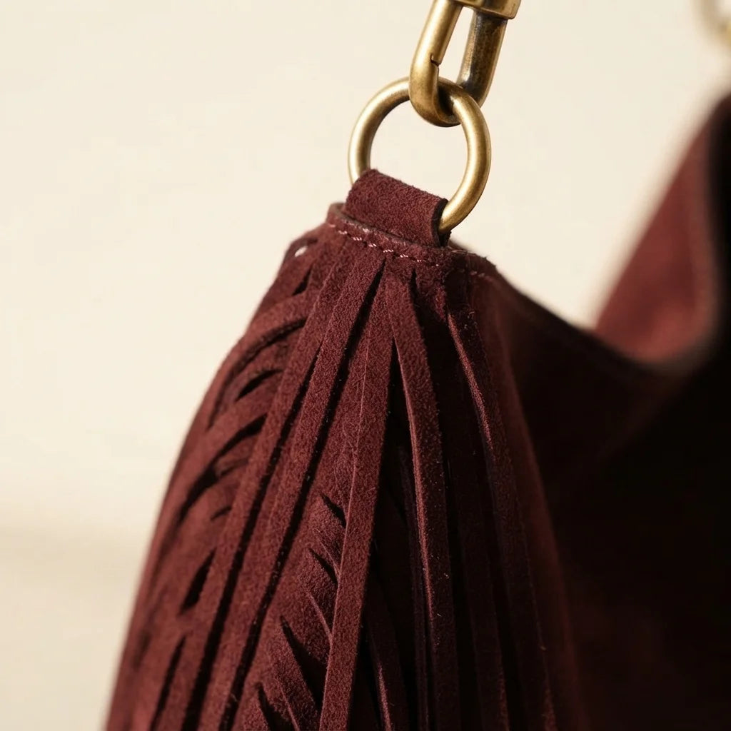 Close-up of fringe stitching and texture on Maroon boho leather fringe bag