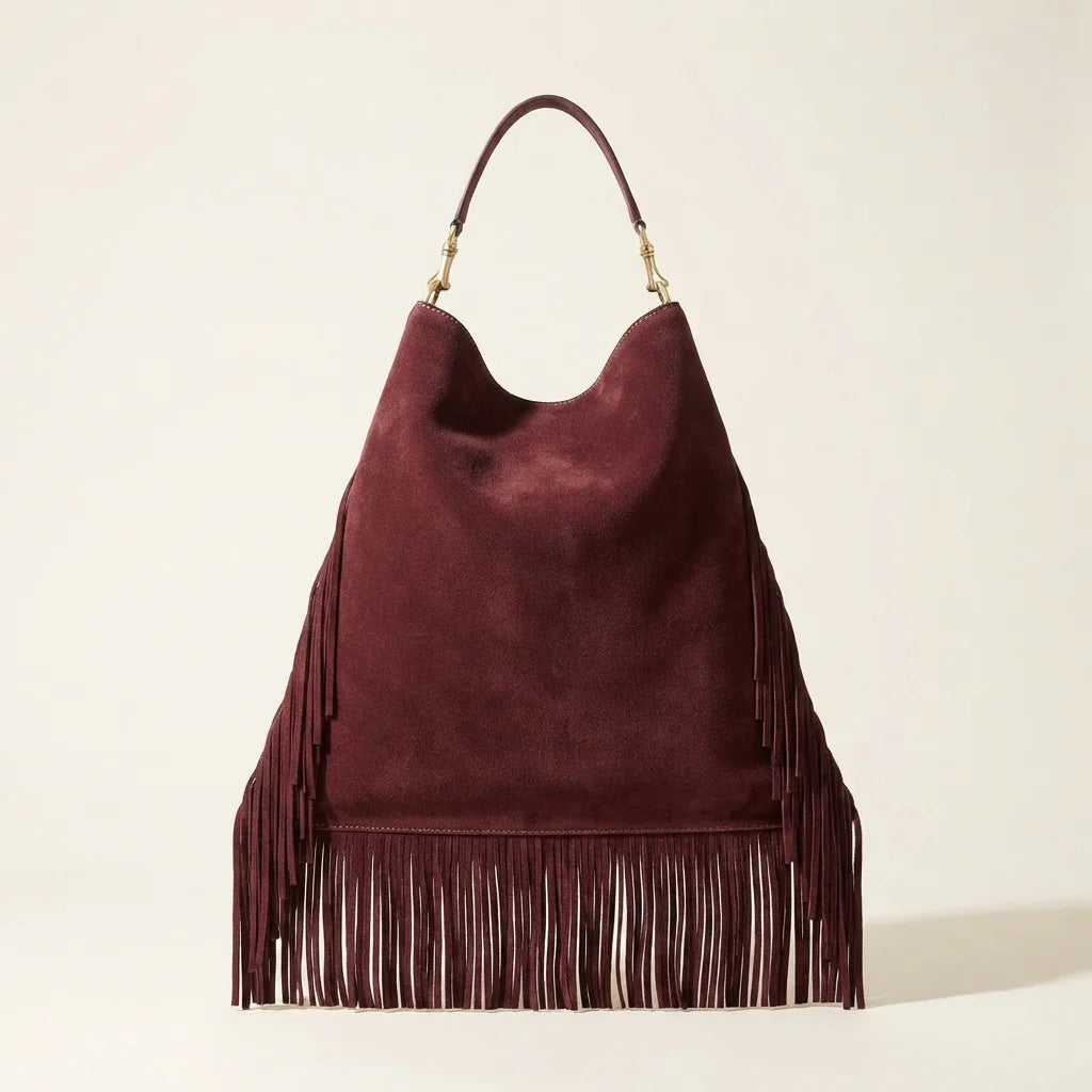 Maroon boho leather fringe bag, front view