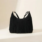Black boho style fringe bag, front view