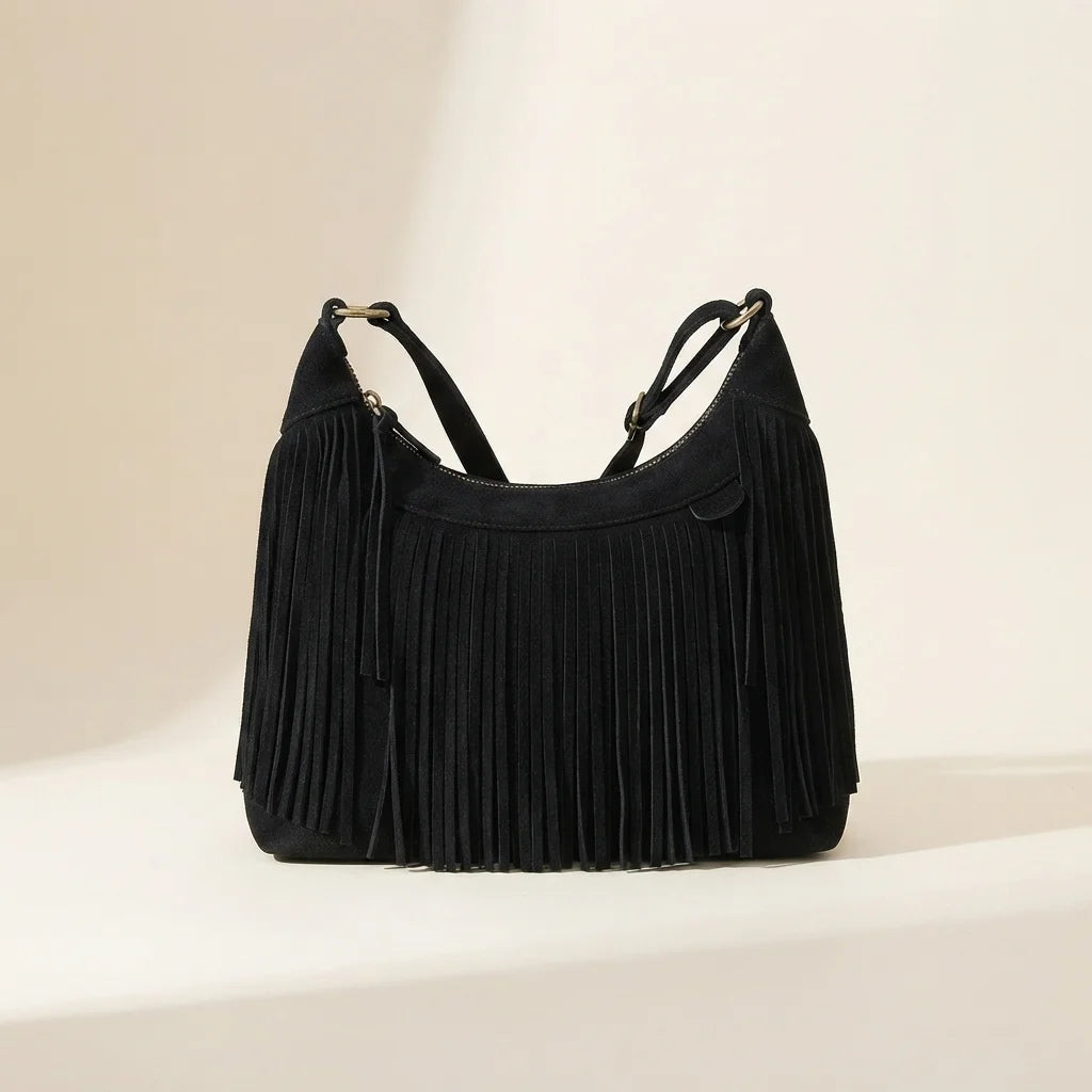 Black boho style fringe bag, front view