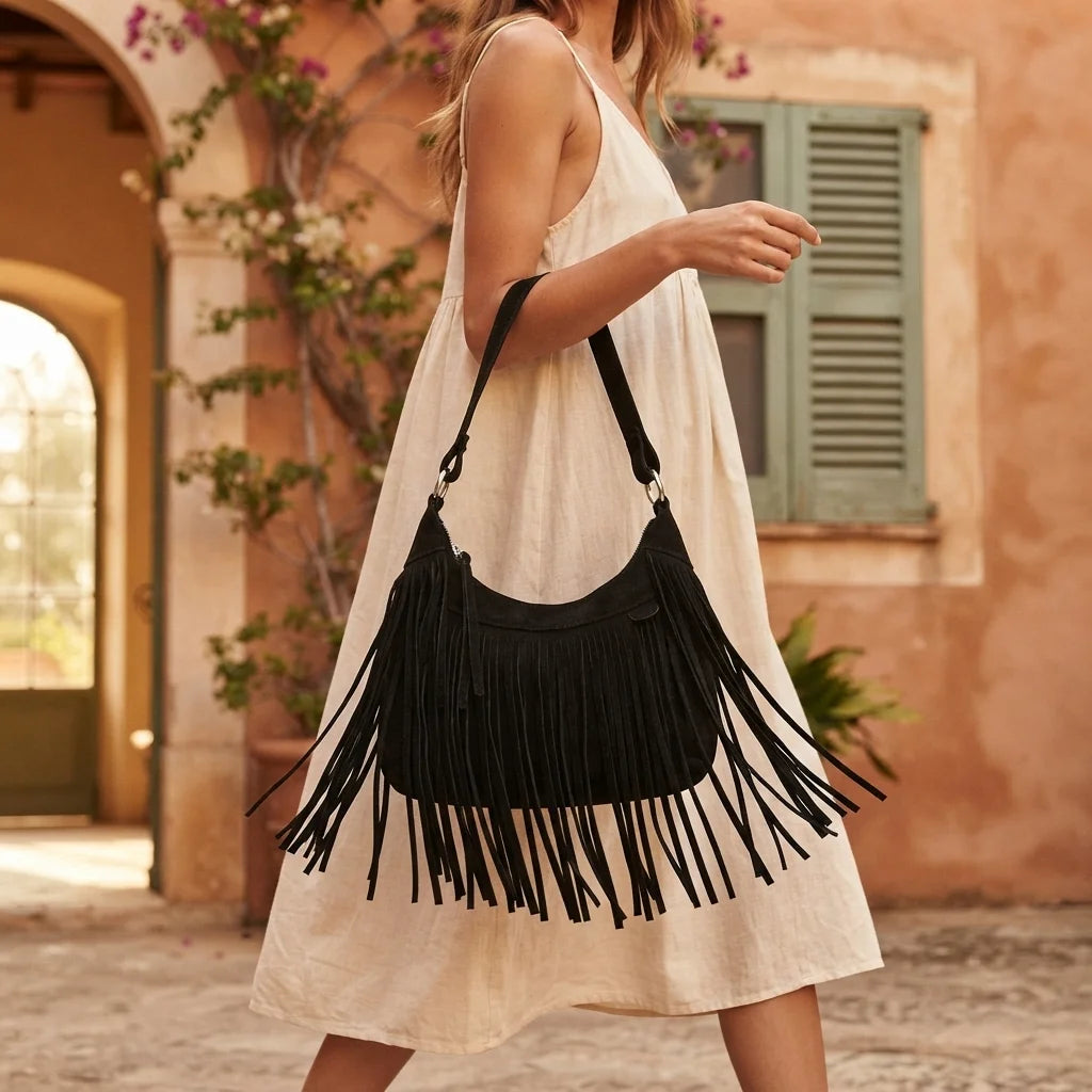 Woman wearing Black boho style fringe bag with swaying fringe