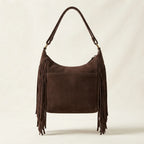 Back panel of Dark Brown boho style fringe bag with strap attachments