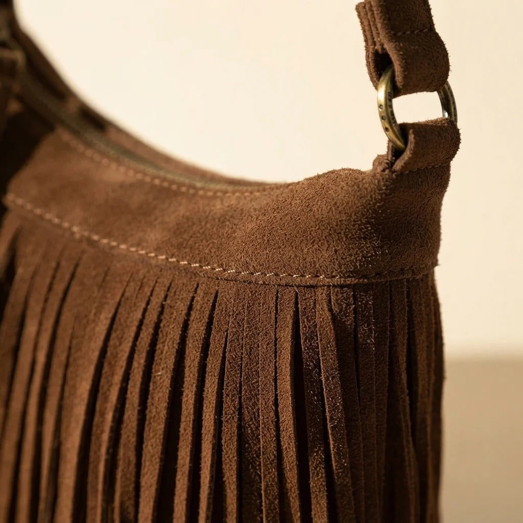 Close-up of fringe stitching and texture on Dark Brown boho style fringe bag
