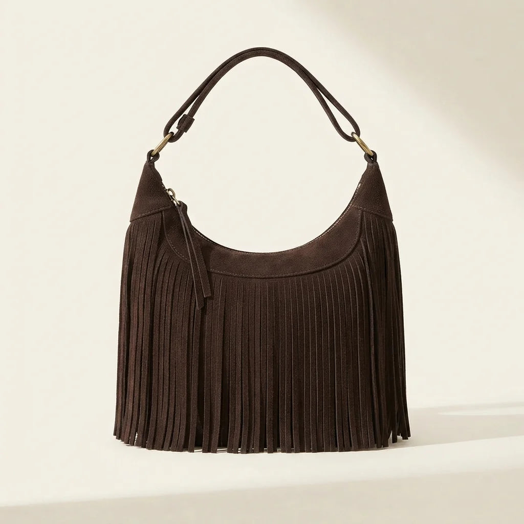 Dark Brown boho style fringe bag, front view