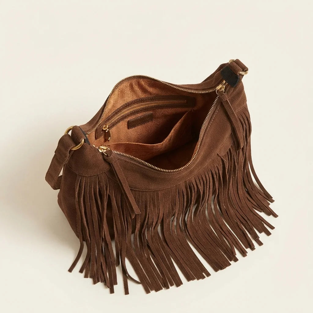 Interior lining and pockets of Dark Brown boho style fringe bag