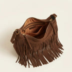 Interior lining and pockets of Dark Brown boho style fringe bag