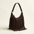 Dark Brown boho style fringe bag, three-quarter angle showing side depth