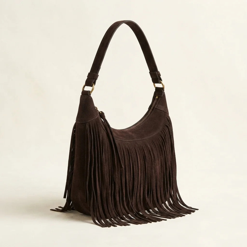 Dark Brown boho style fringe bag, three-quarter angle showing side depth