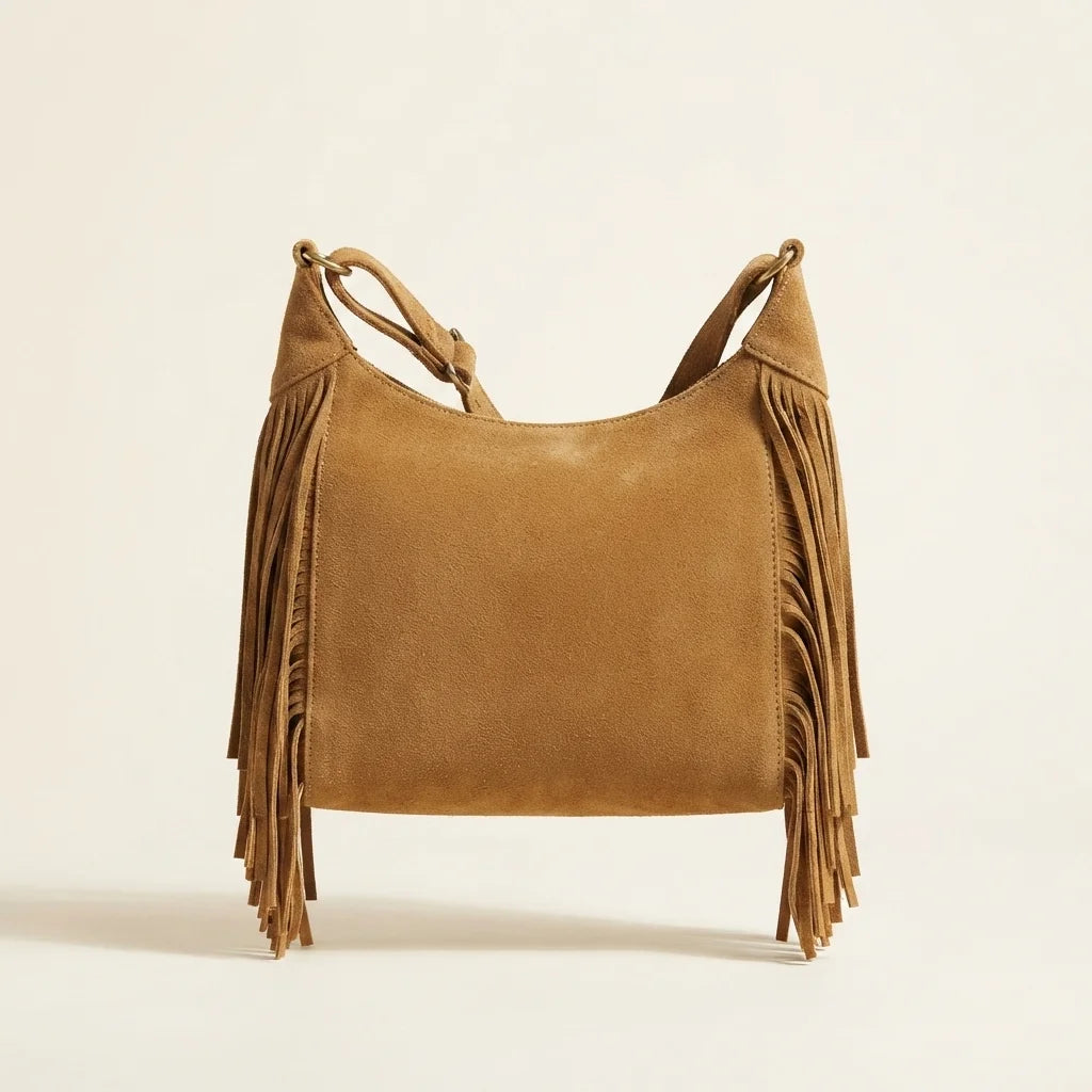 Back panel of Khaki boho style fringe bag with strap attachments