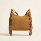 Back panel of Khaki boho style fringe bag with strap attachments