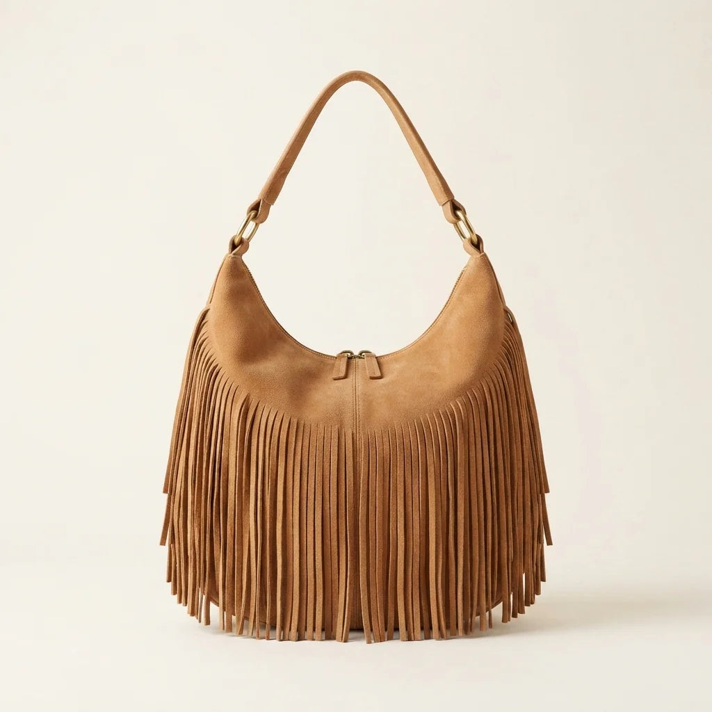 Khaki boho style fringe bag, front view