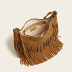 Interior lining and pockets of Khaki boho style fringe bag