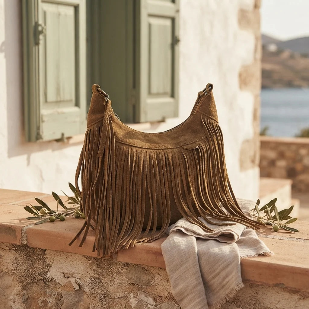 Khaki boho style fringe bag styled in a warm Mediterranean setting