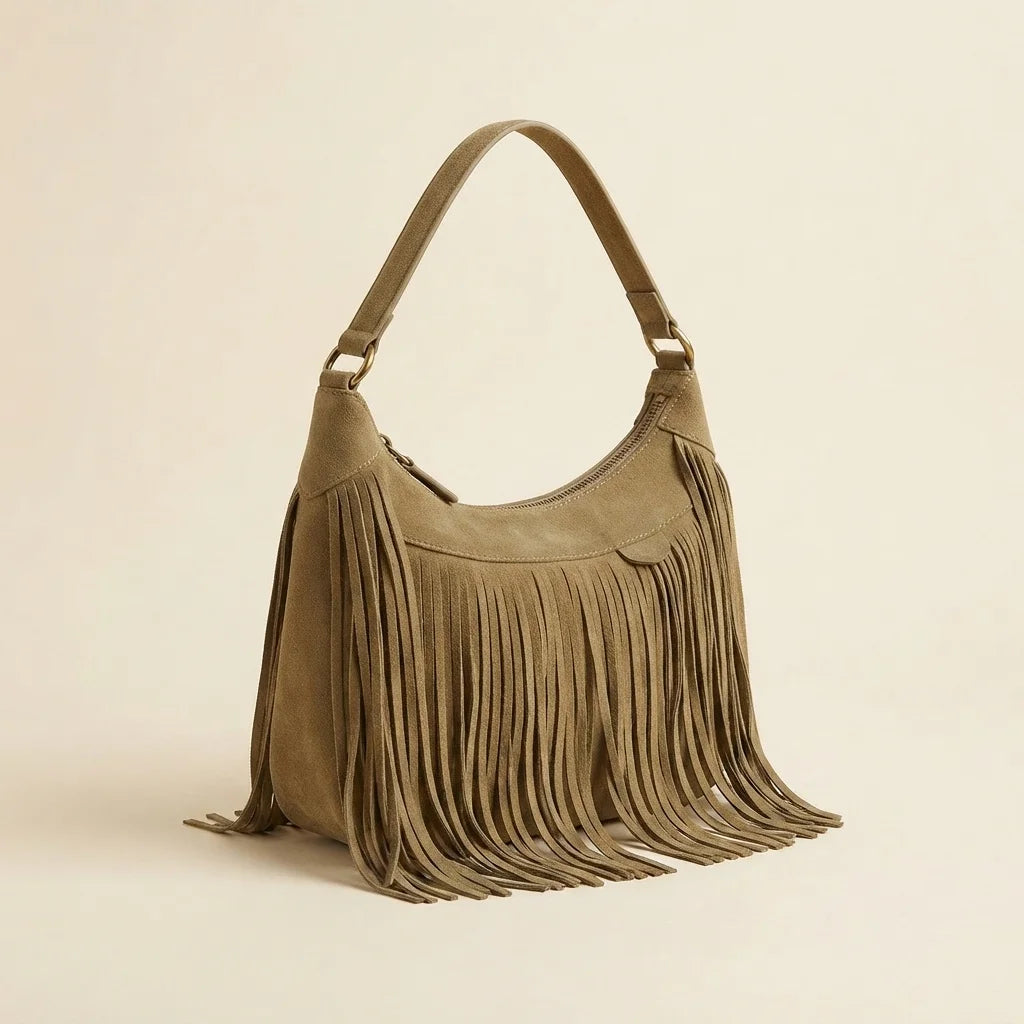 Khaki boho style fringe bag, three-quarter angle showing side depth
