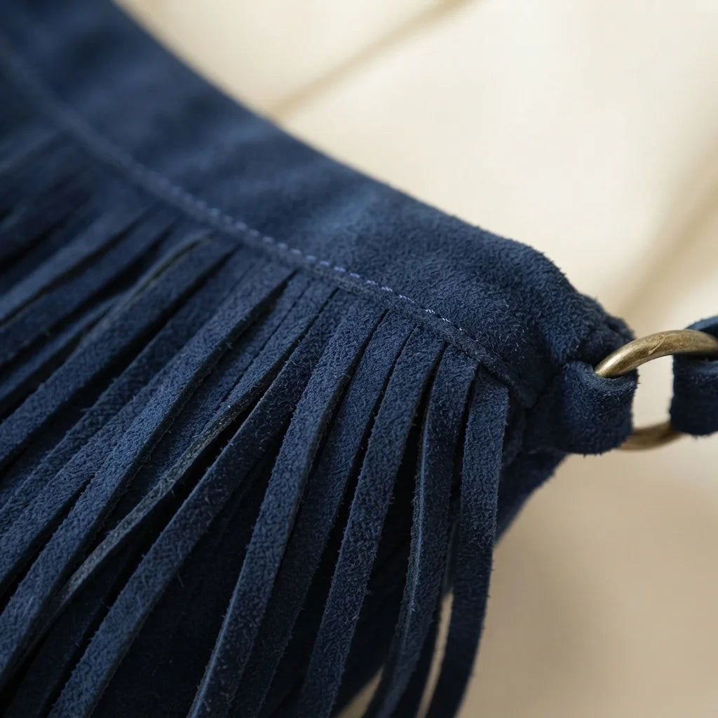 Close-up of fringe stitching and texture on Navy boho style fringe bag