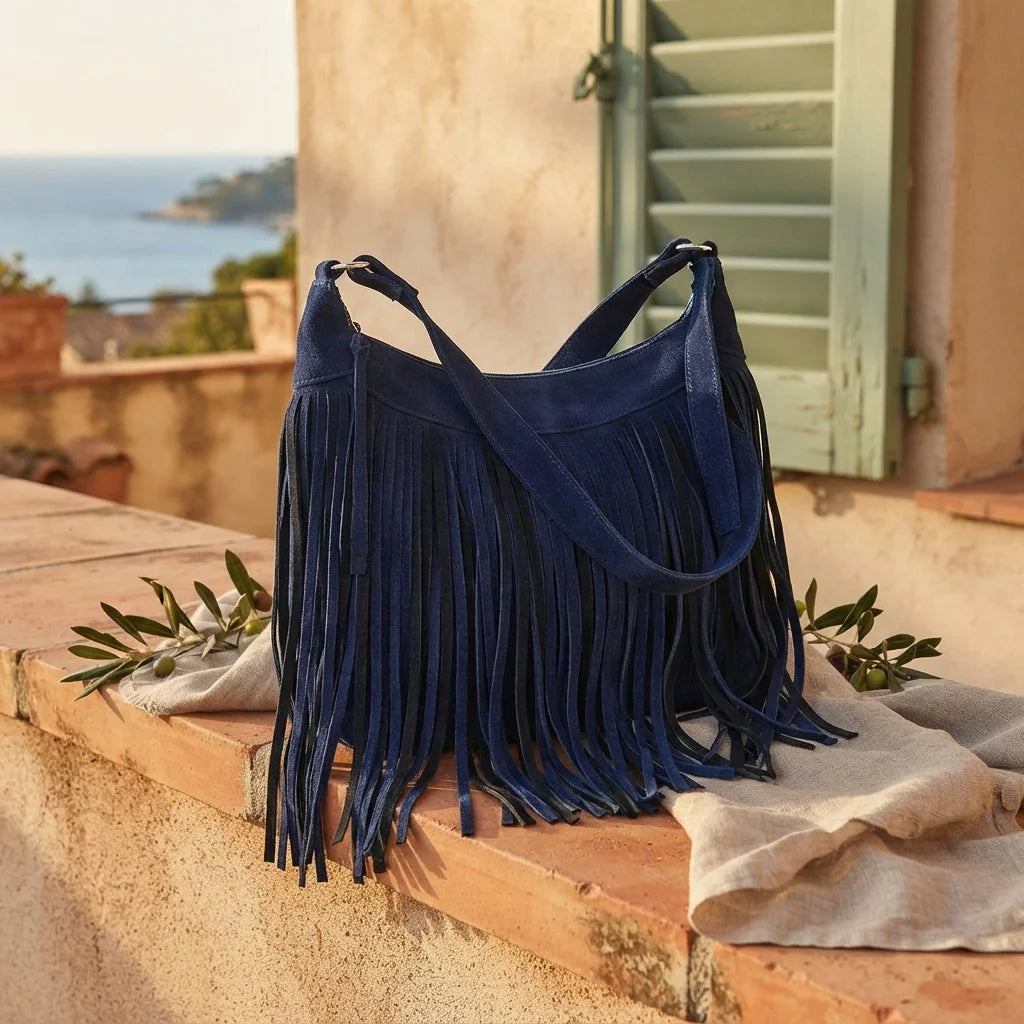 Navy boho style fringe bag styled in a warm Mediterranean setting