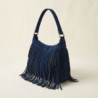 Navy boho style fringe bag, three-quarter angle showing side depth