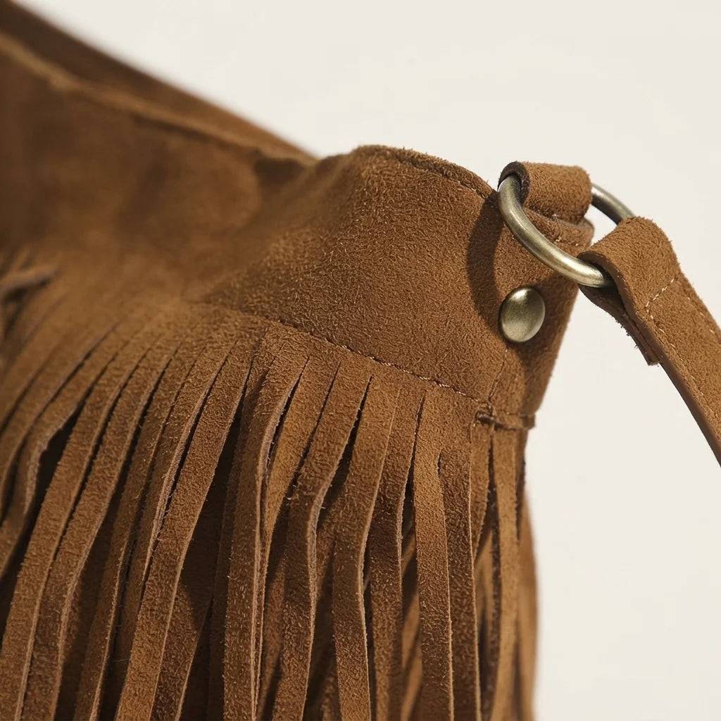 Close-up of fringe stitching and texture on Brown brown fringe bucket bag