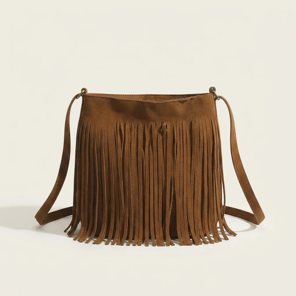 Brown brown fringe bucket bag, front view