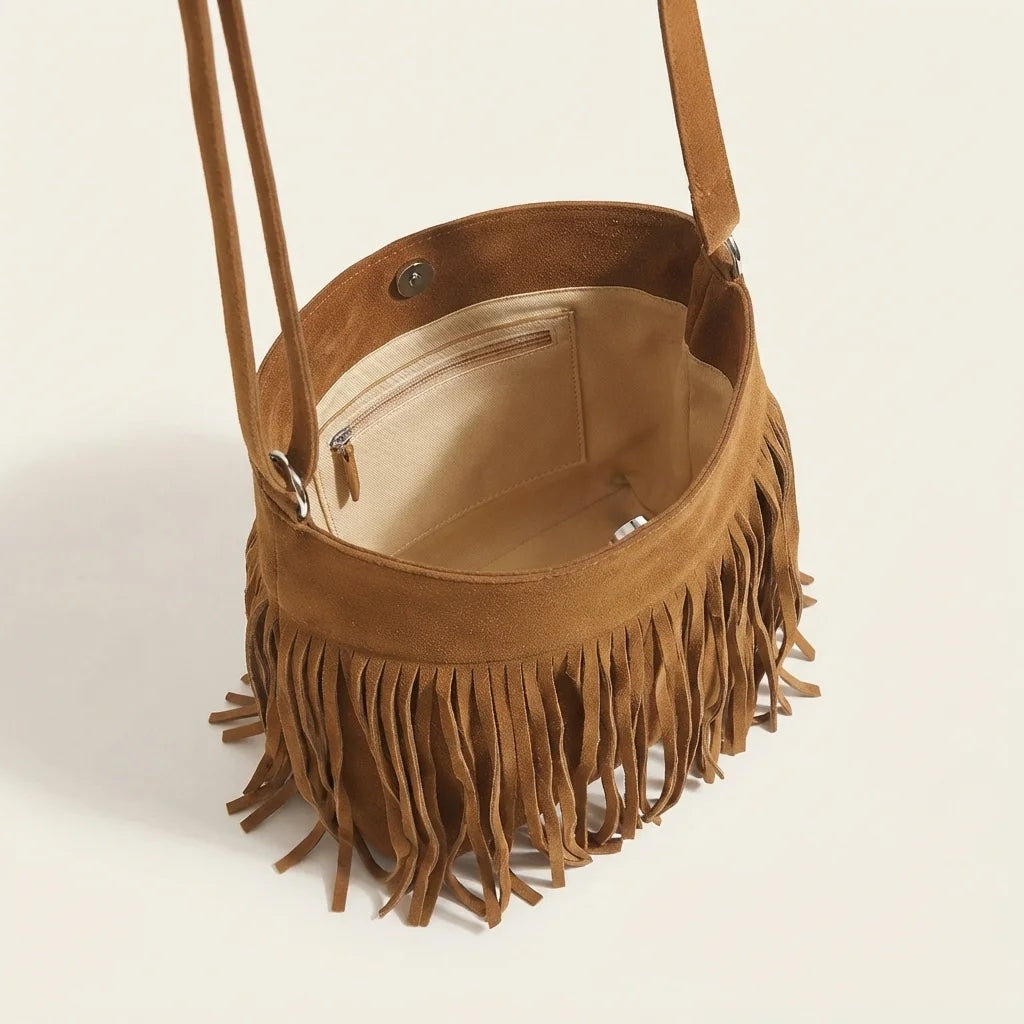 Interior lining and pockets of Brown brown fringe bucket bag