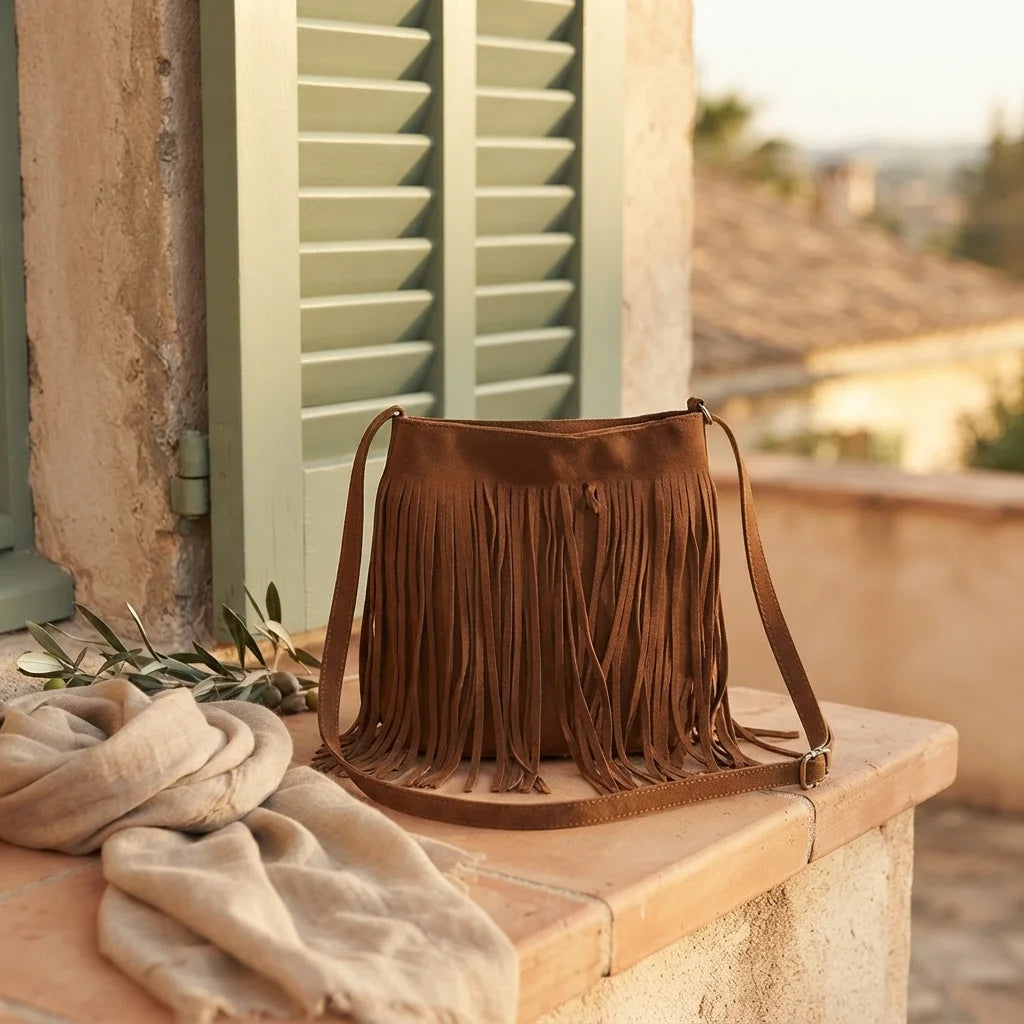 Brown brown fringe bucket bag styled in a warm Mediterranean setting