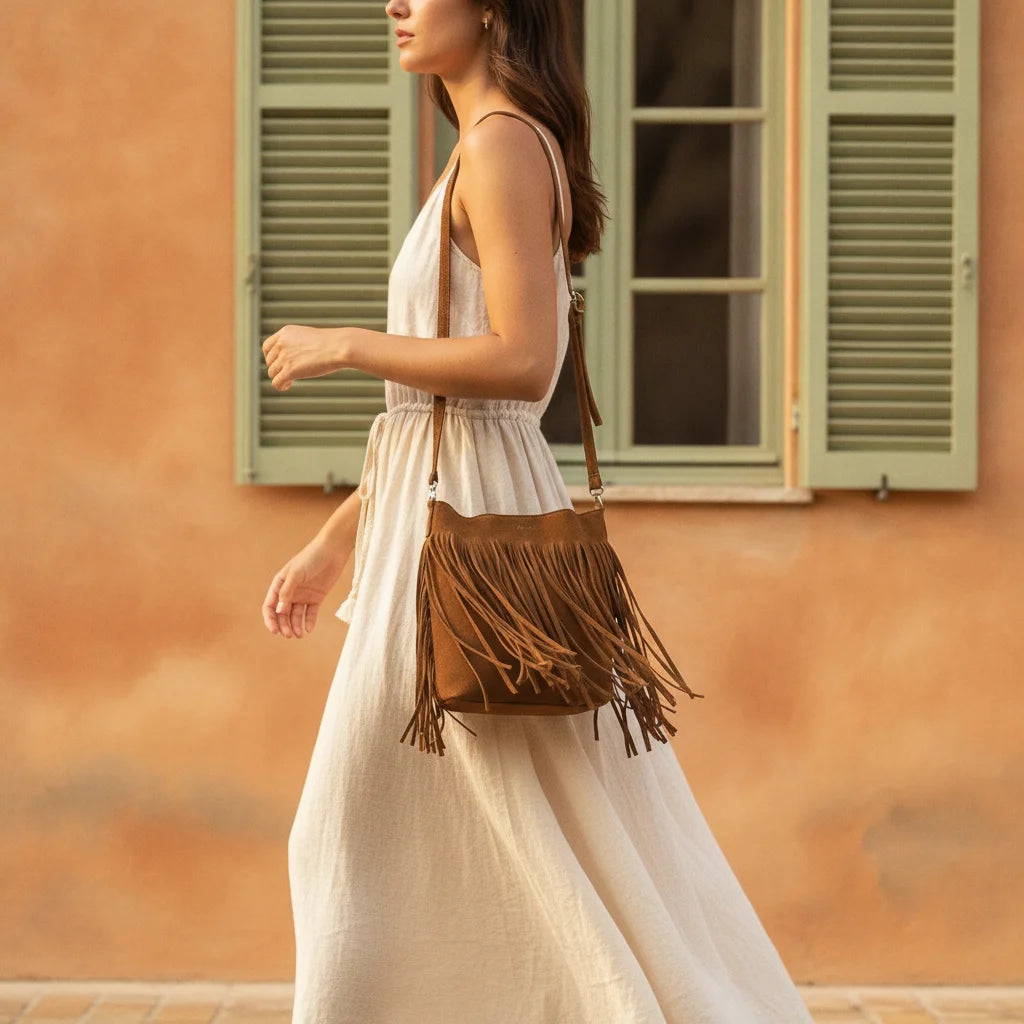 Woman wearing Brown brown fringe bucket bag with swaying fringe