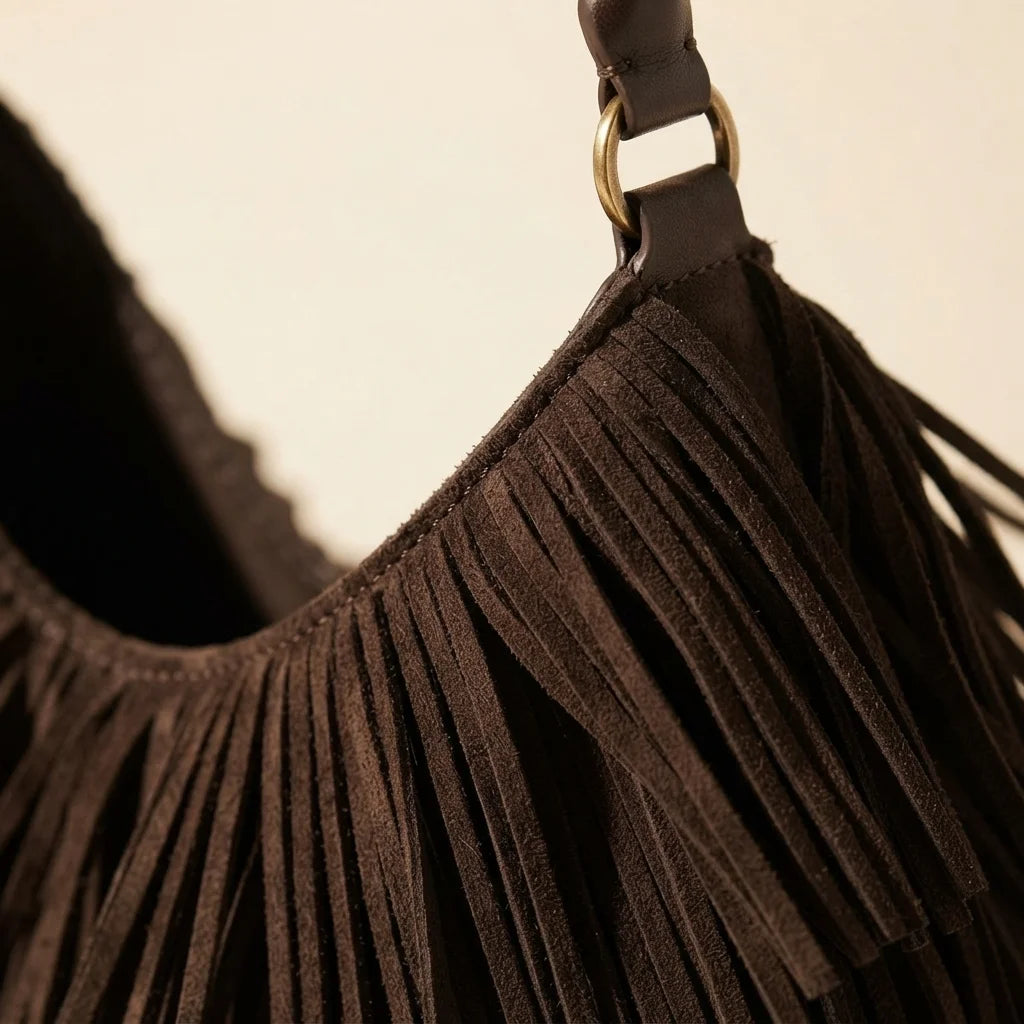 Close-up of fringe stitching and texture on Coffee brown fringe hobo bag