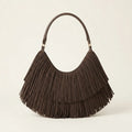 Coffee brown fringe hobo bag, front view