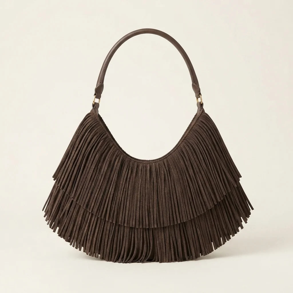 Coffee brown fringe hobo bag, front view