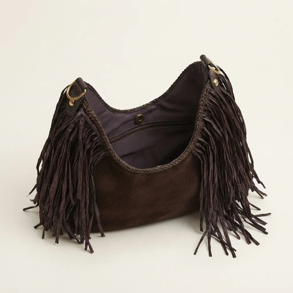 Interior lining and pockets of Coffee brown fringe hobo bag