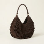 Coffee brown fringe hobo bag, three-quarter angle showing side depth