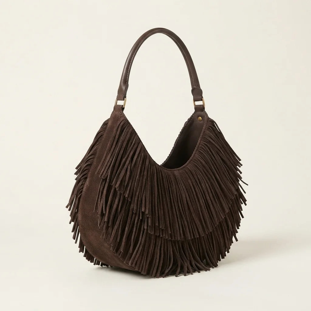 Coffee brown fringe hobo bag, three-quarter angle showing side depth