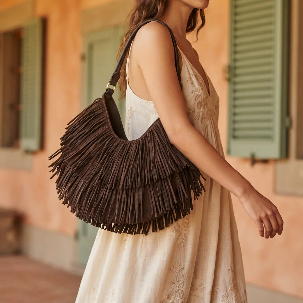 Woman wearing Coffee brown fringe hobo bag with swaying fringe