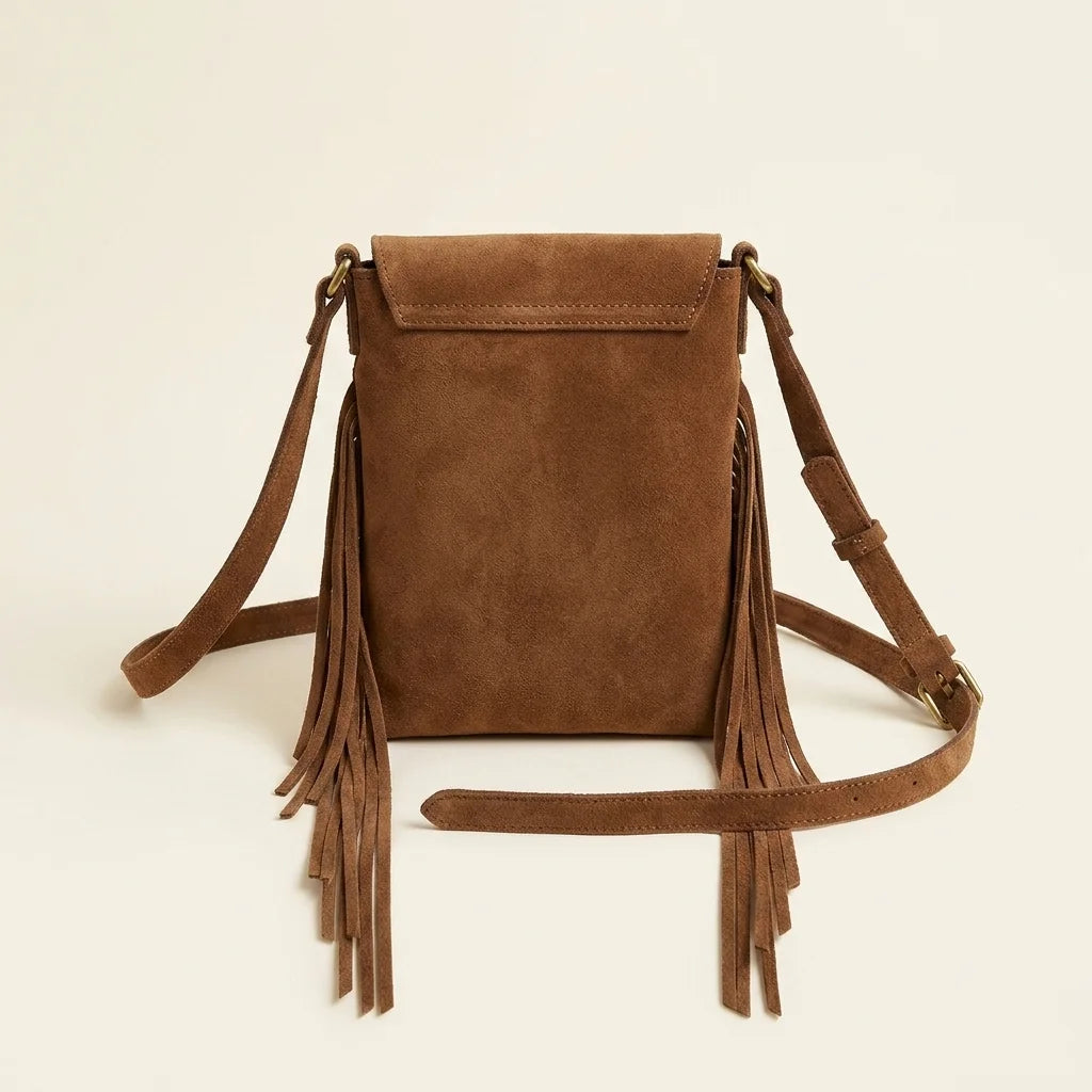 Back panel of Brown brown fringe messenger bag with strap attachments