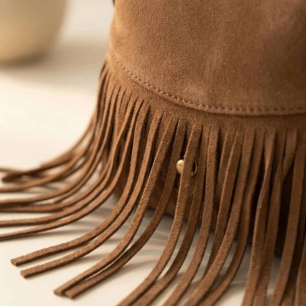 Close-up of fringe stitching and texture on Brown brown fringe messenger bag
