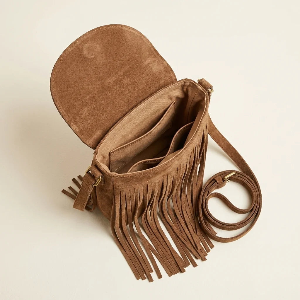 Interior lining and pockets of Brown brown fringe messenger bag
