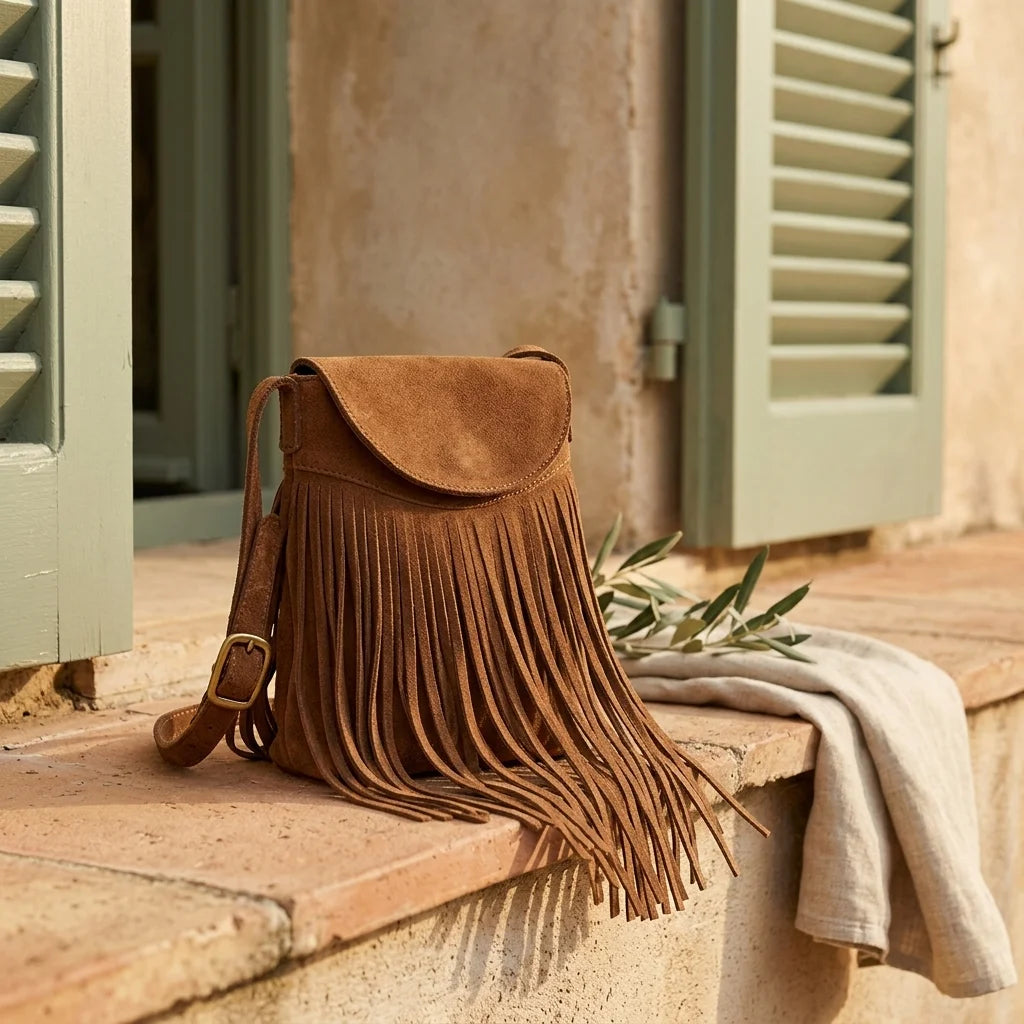 Brown brown fringe messenger bag styled in a warm Mediterranean setting