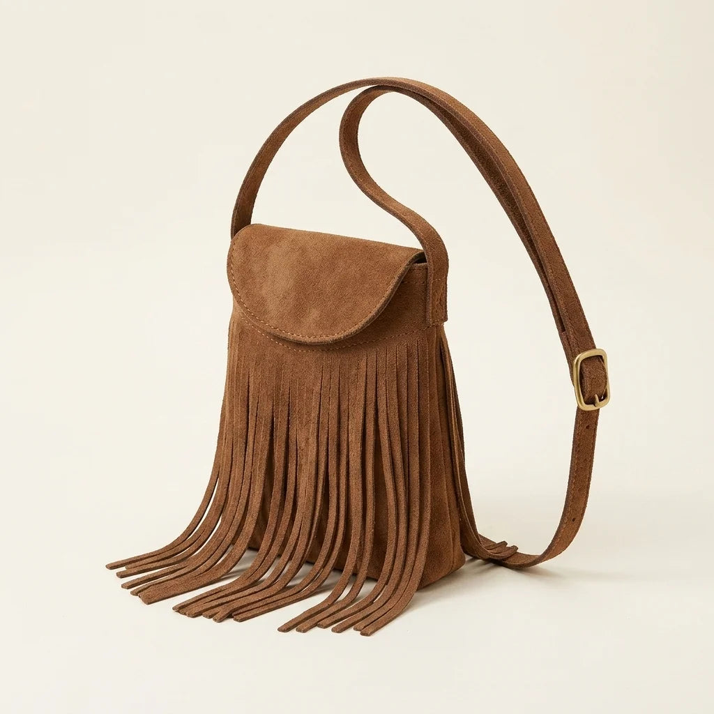 Brown brown fringe messenger bag, three-quarter angle showing side depth