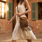 Woman wearing Brown brown fringe messenger bag with swaying fringe