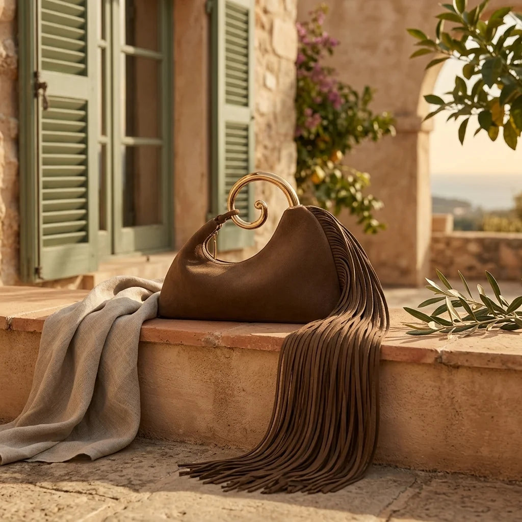 Brown brown fringe shoulder bag styled in a warm Mediterranean setting