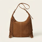 Back panel of Brown brown fringe suede bag with strap attachments