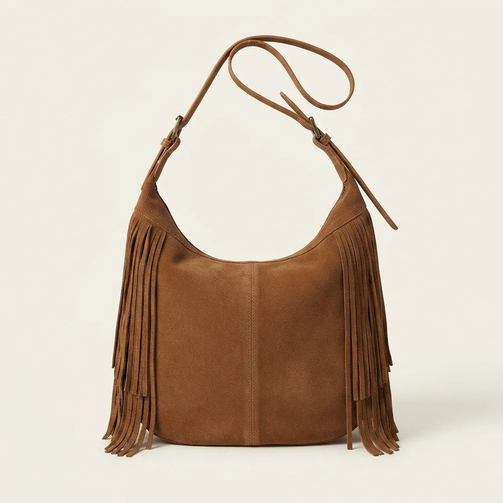 Back panel of Brown brown fringe suede bag with strap attachments