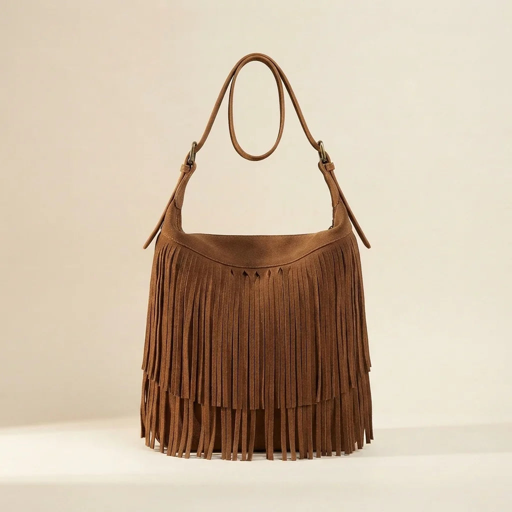 Brown brown fringe suede bag, front view