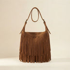 Brown brown fringe suede bag, front view