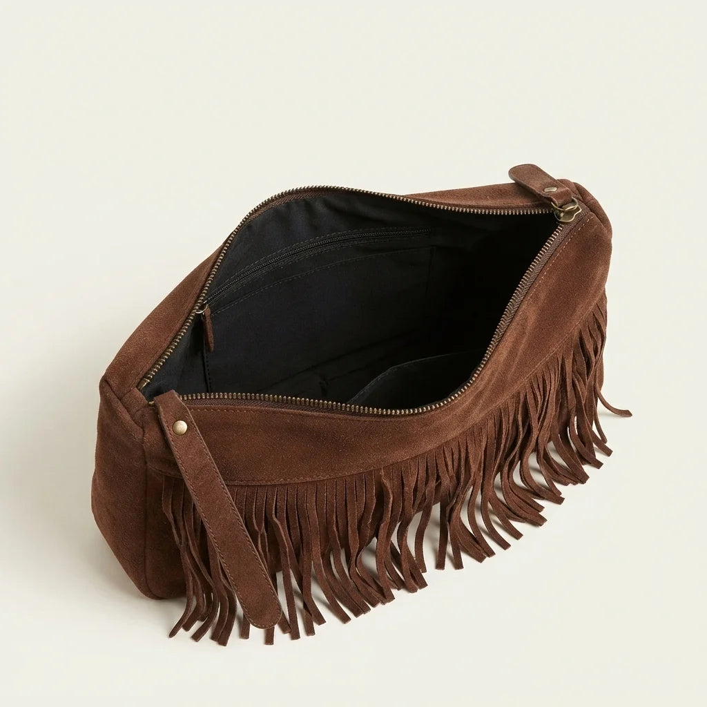 Interior lining and pockets of Brown brown fringe suede bag