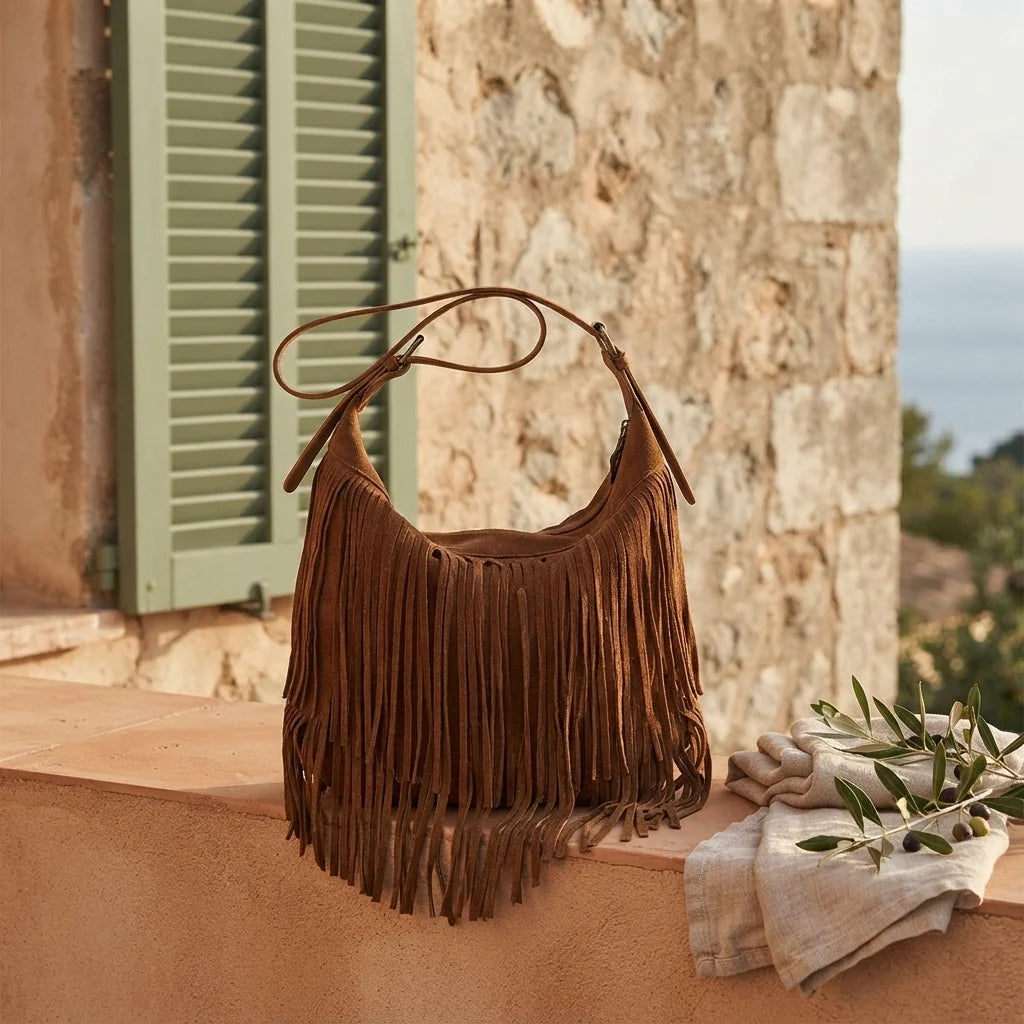 Brown brown fringe suede bag styled in a warm Mediterranean setting
