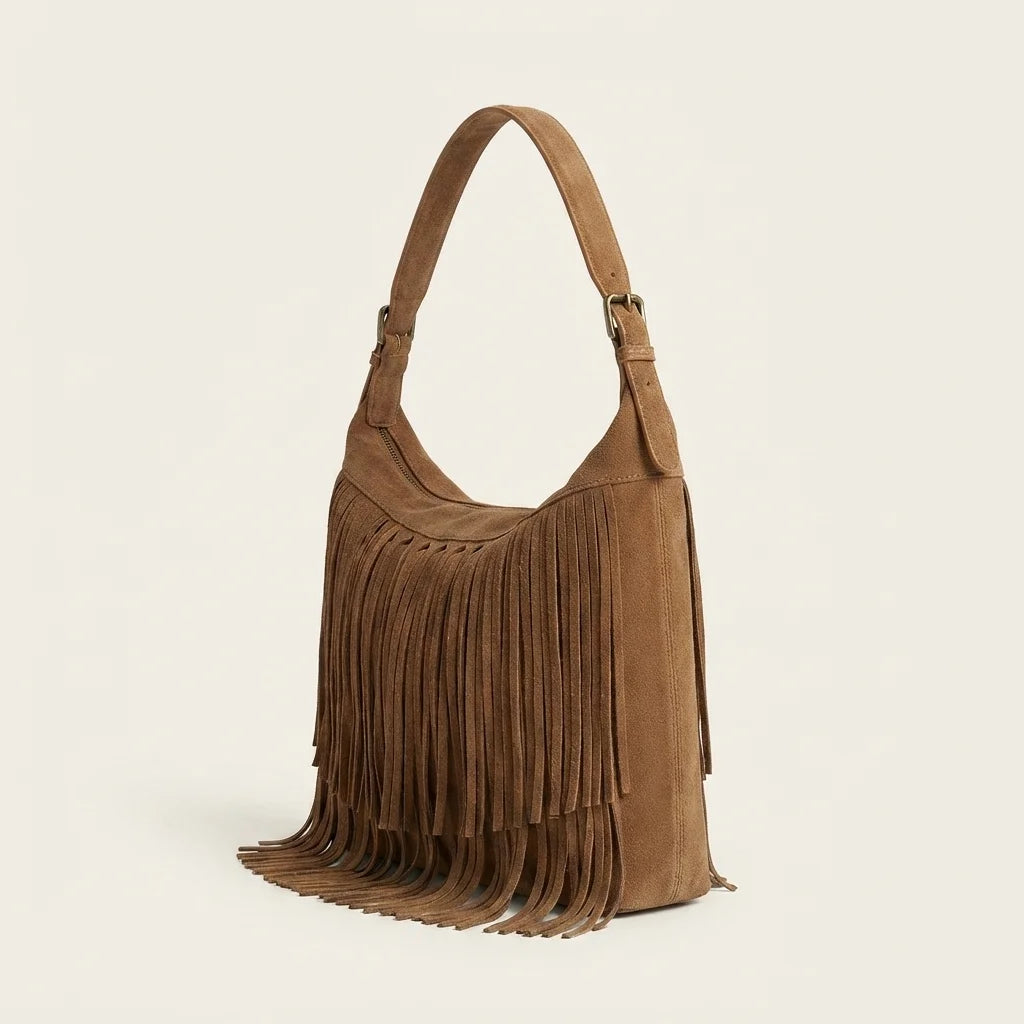 Brown brown fringe suede bag, three-quarter angle showing side depth