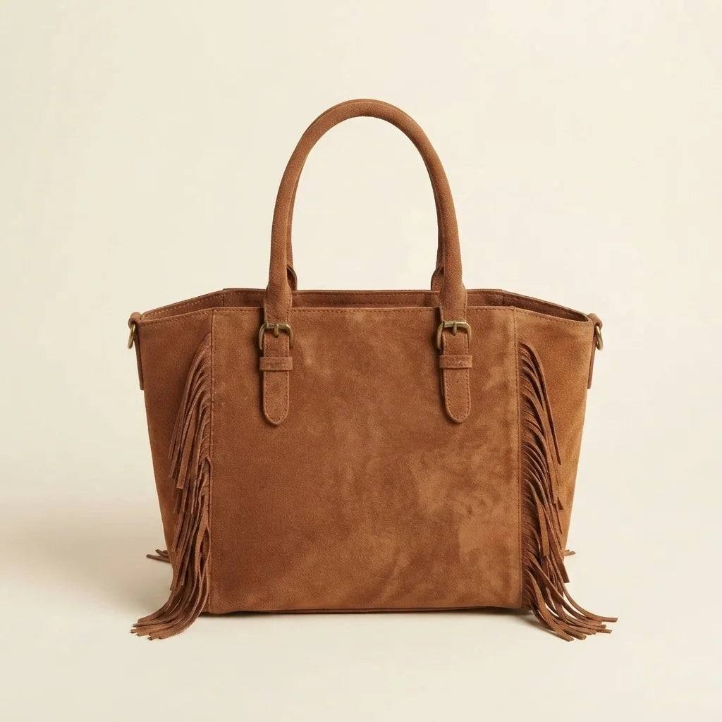 Brown brown fringe tote bag, front view