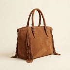 Brown brown fringe tote bag, three-quarter angle showing side depth