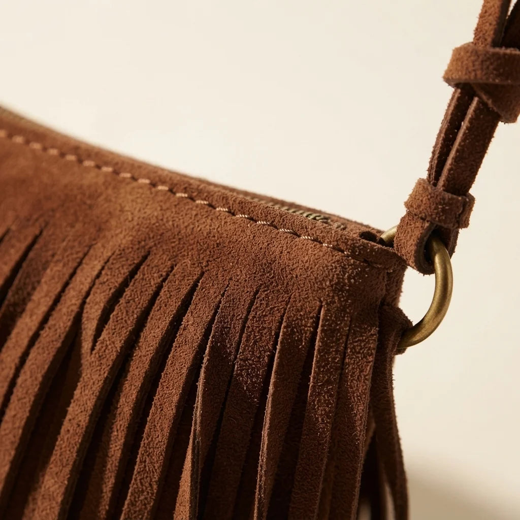 Close-up of fringe stitching and texture on Brown brown fringed sling bag